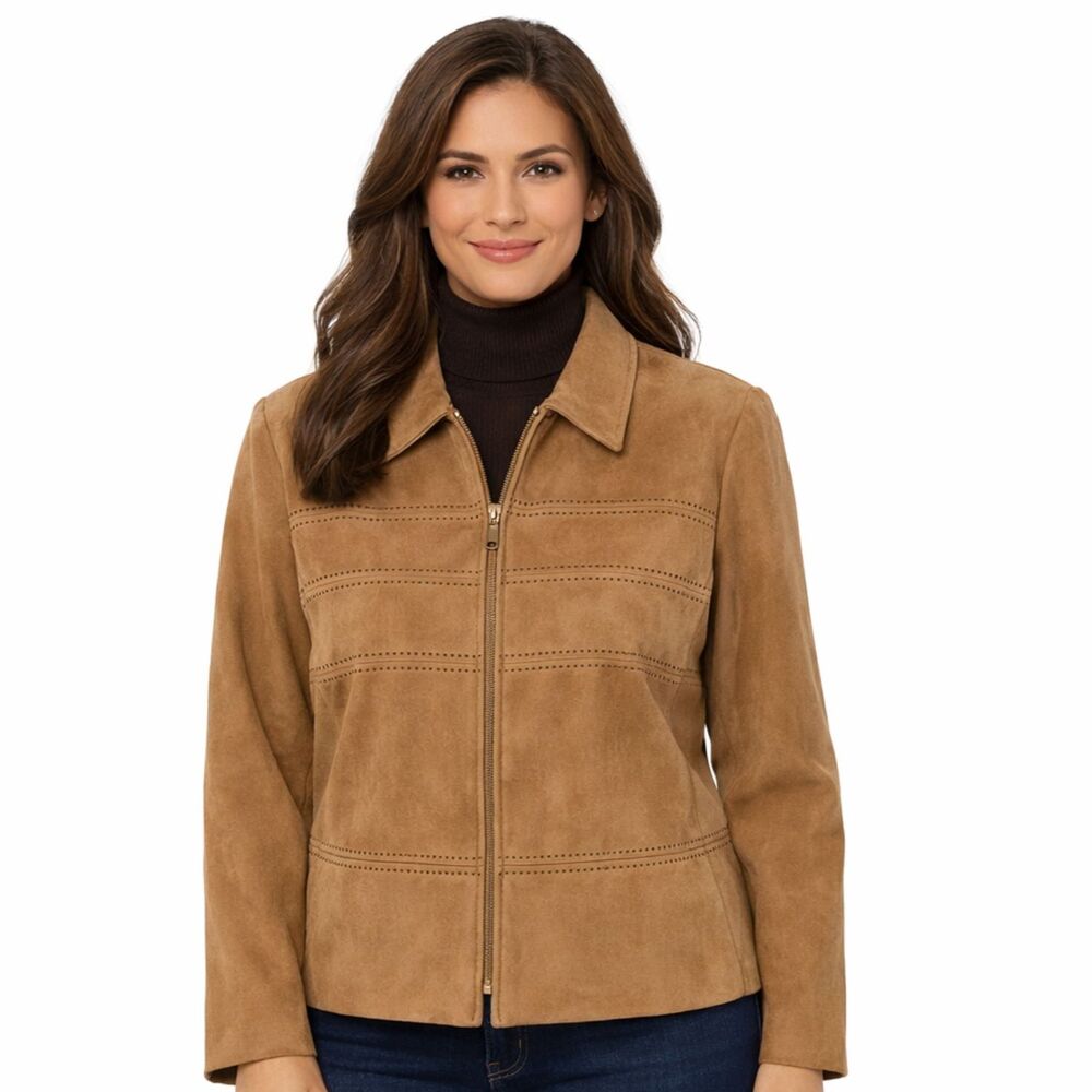 Jessica Howard Faux Suede Blazer Womens Sz L Petite Camel Zip Embellished Jacket